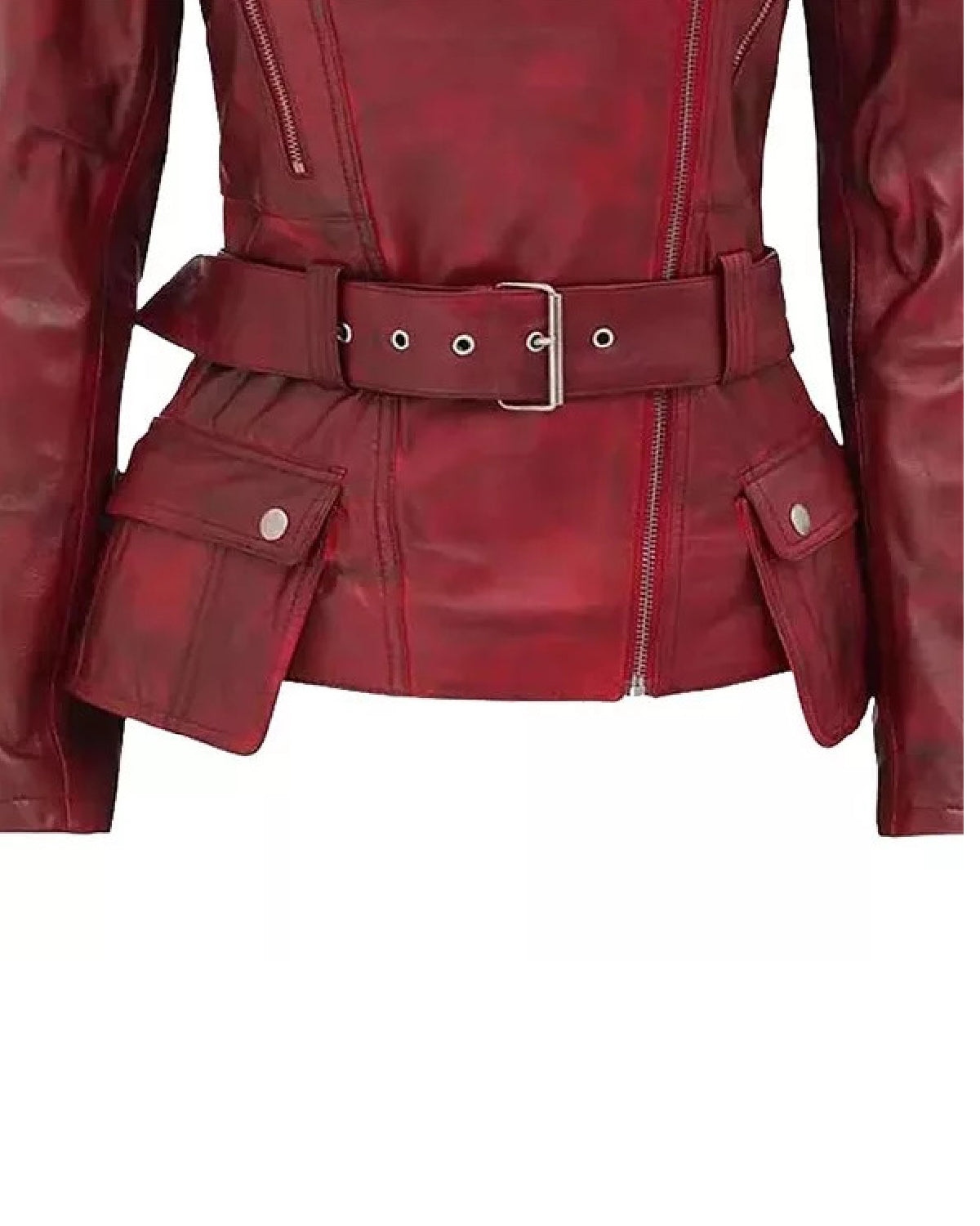 Elite Women’s Maroon Belted Moto Leather Jacket