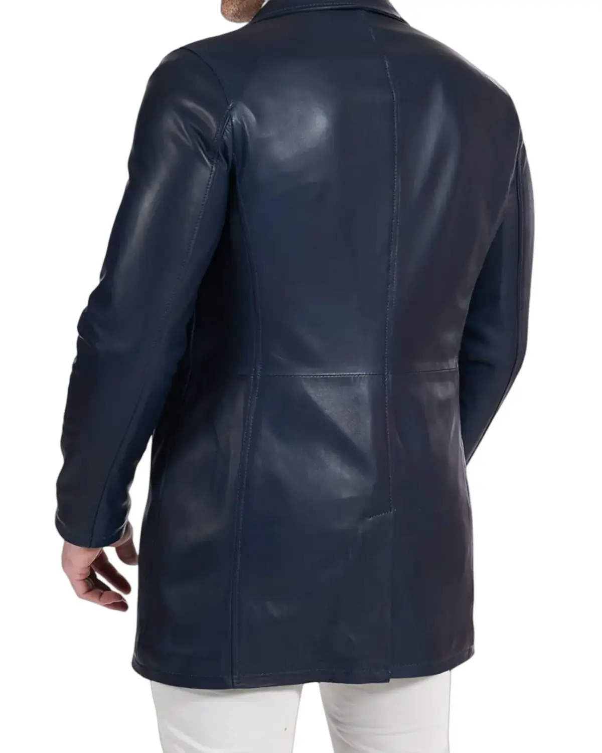 Mens Casual Blue Mid-Length Leather Coat | Elite Jacket