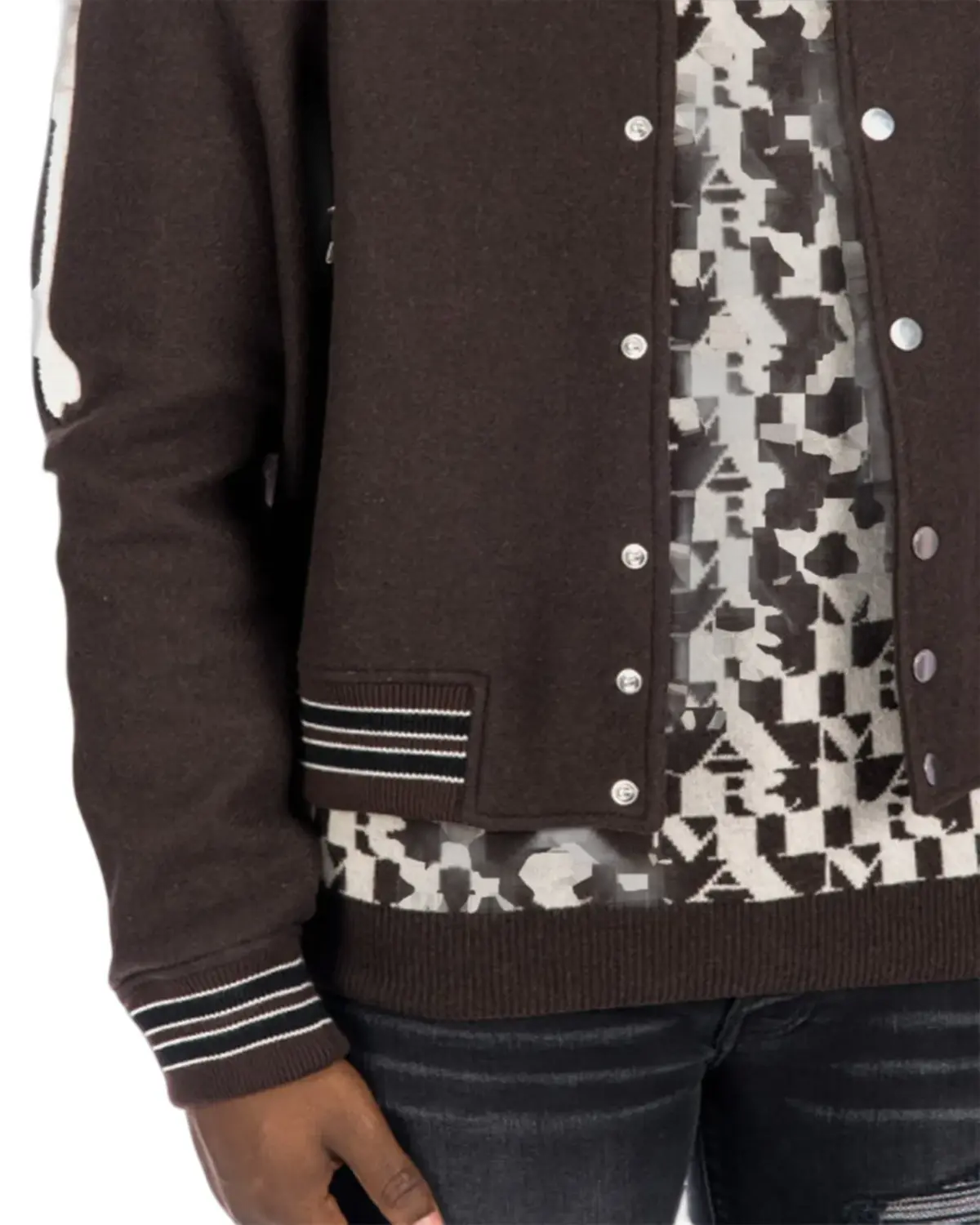 Mens Dark Brown Bone Design Varsity Jacket | Elite Jacket