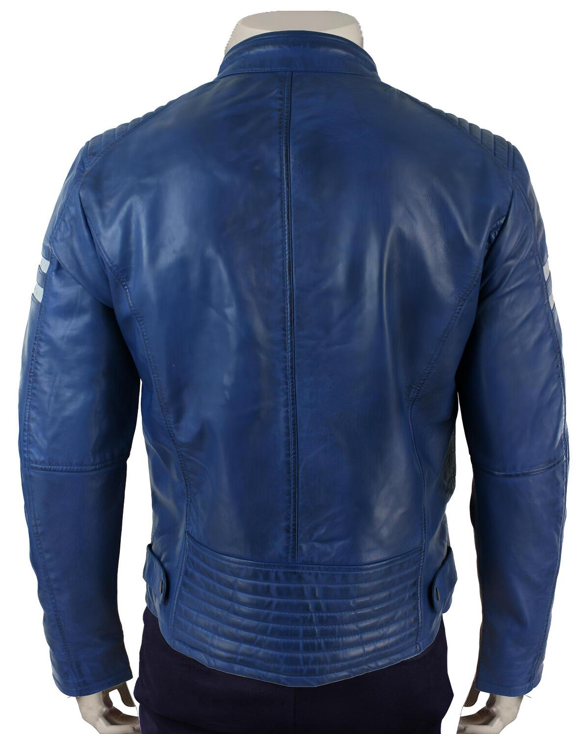 Cafe Racer Biker Jacket For Mens in Blue Leather | Elite Jacket