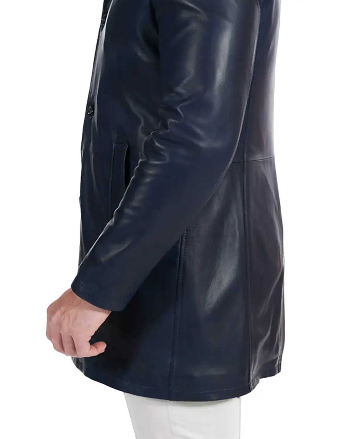 Mens Casual Blue Mid-Length Leather Coat | Elite Jacket