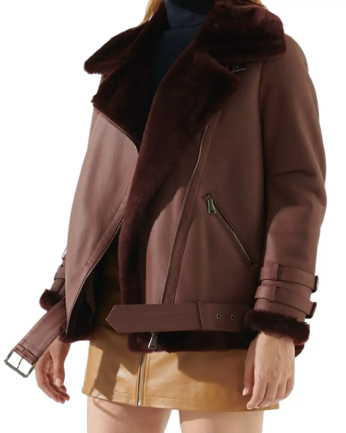 Womens Maroon Oversized Shearling Leather Jacket | Elite Jacket