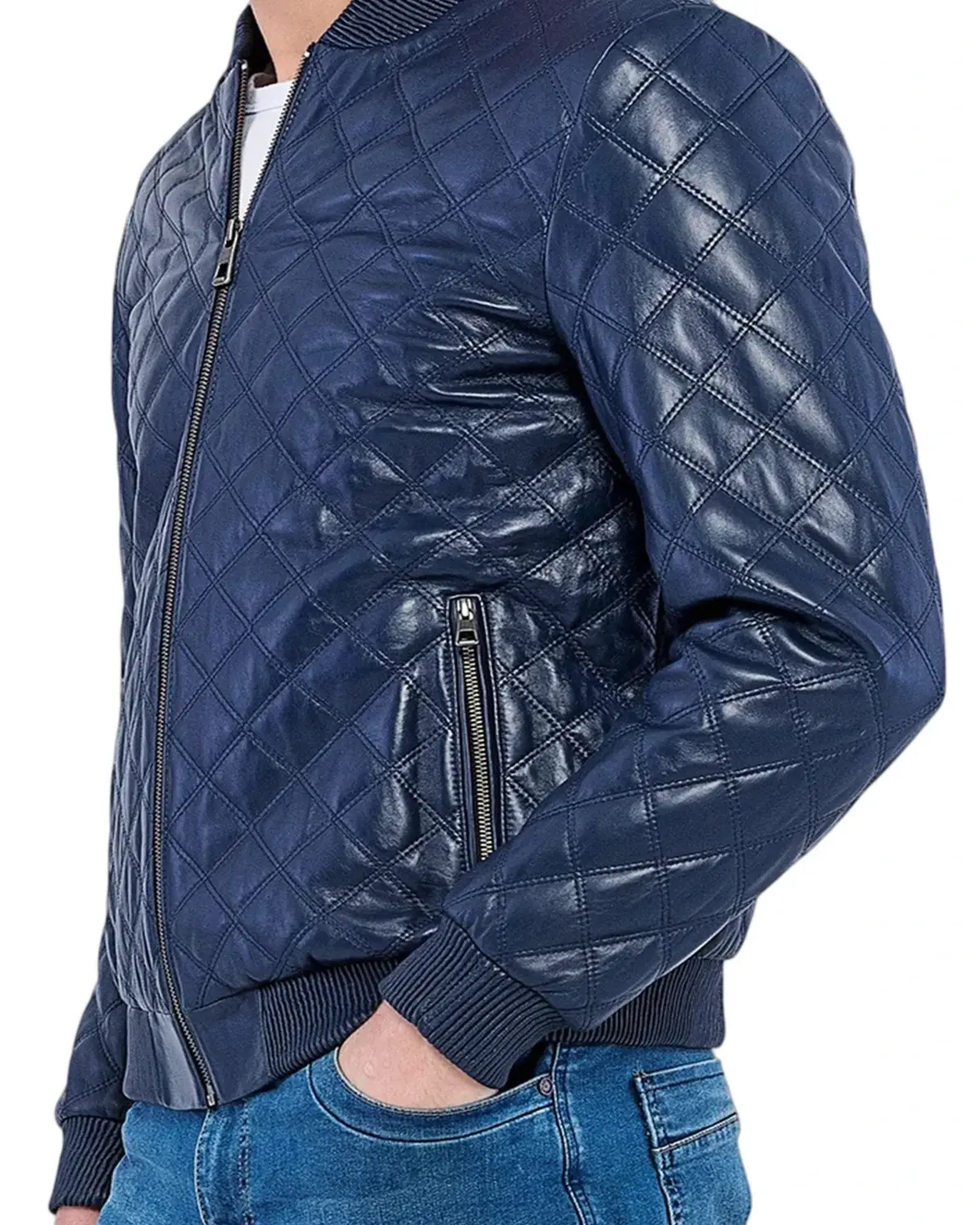 Mens Blue Quilted Leather Bomber Jacket | Elite Jacket