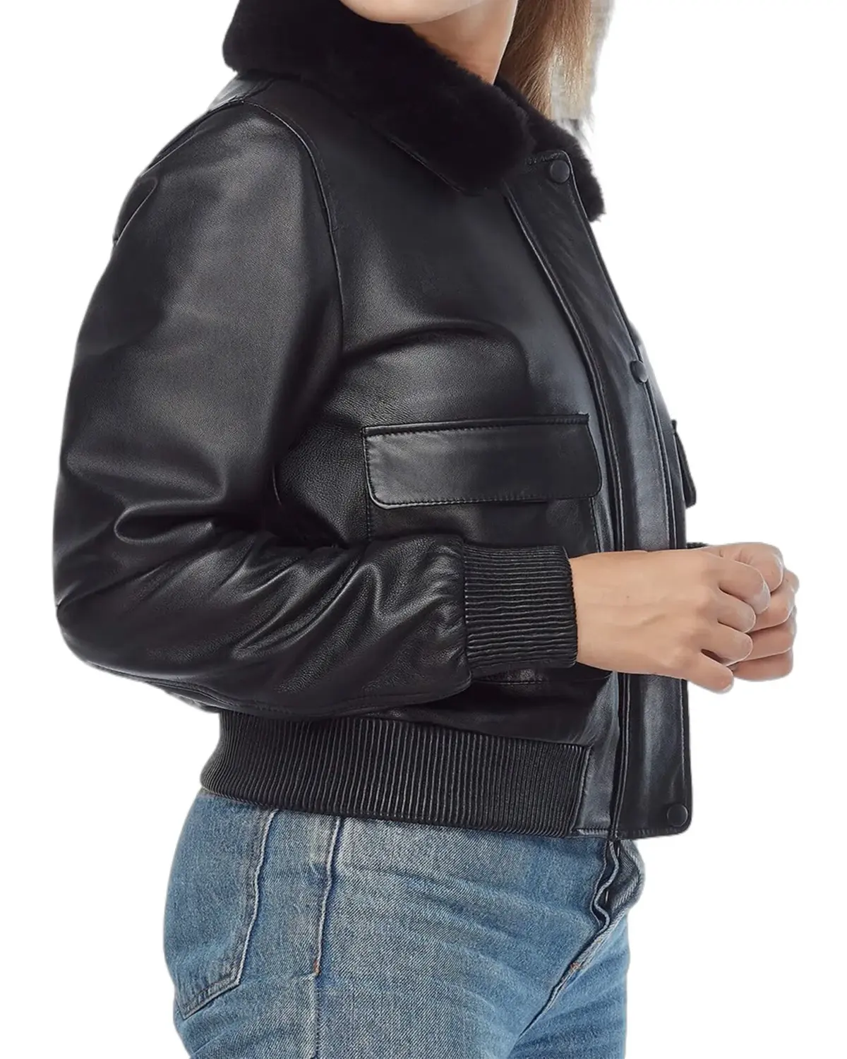 Womens Jet Black Bomber Leather Jacket | Elite Jacket