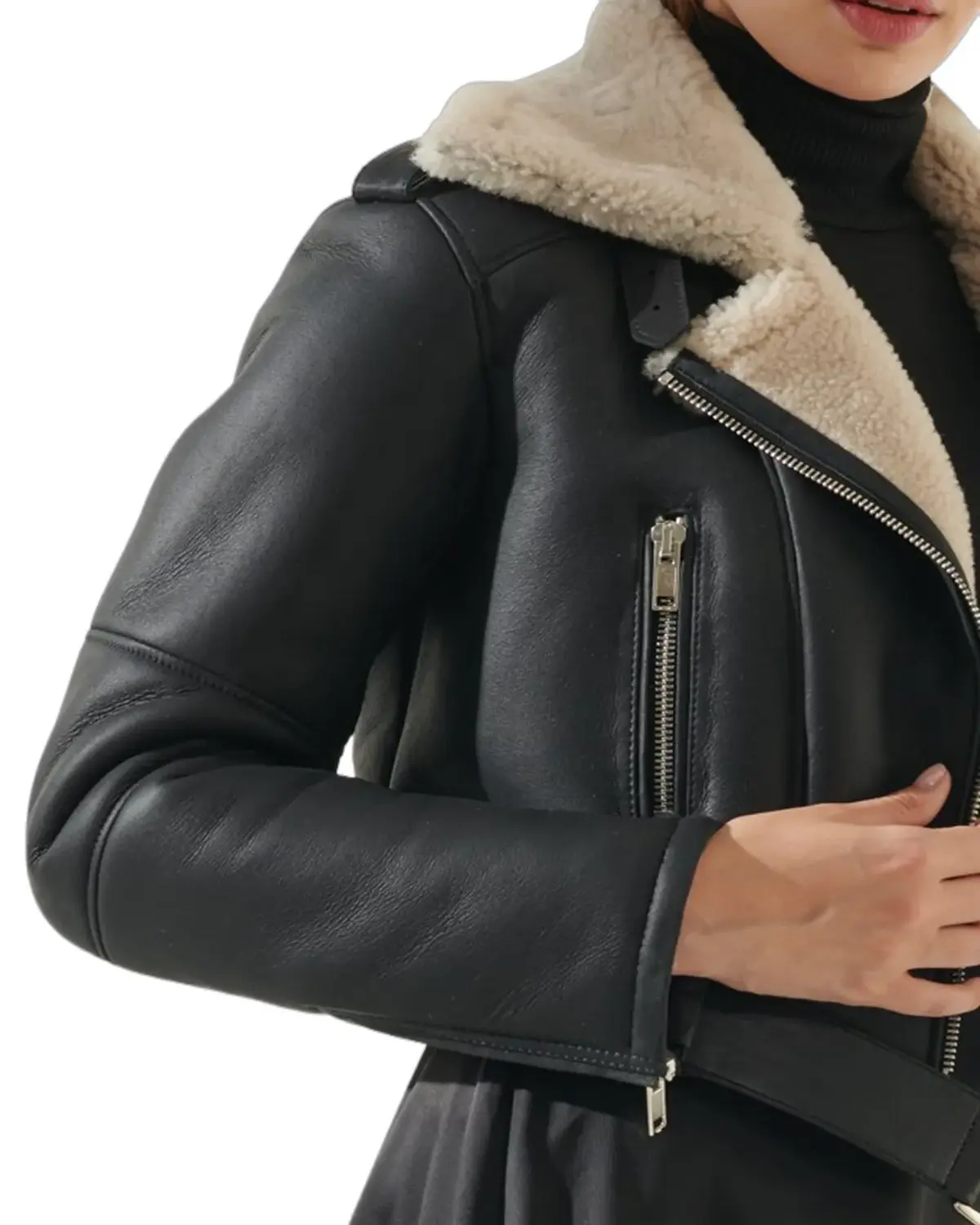 Womens Black Short Length Shearling Leather Jacket | Elite Jacket