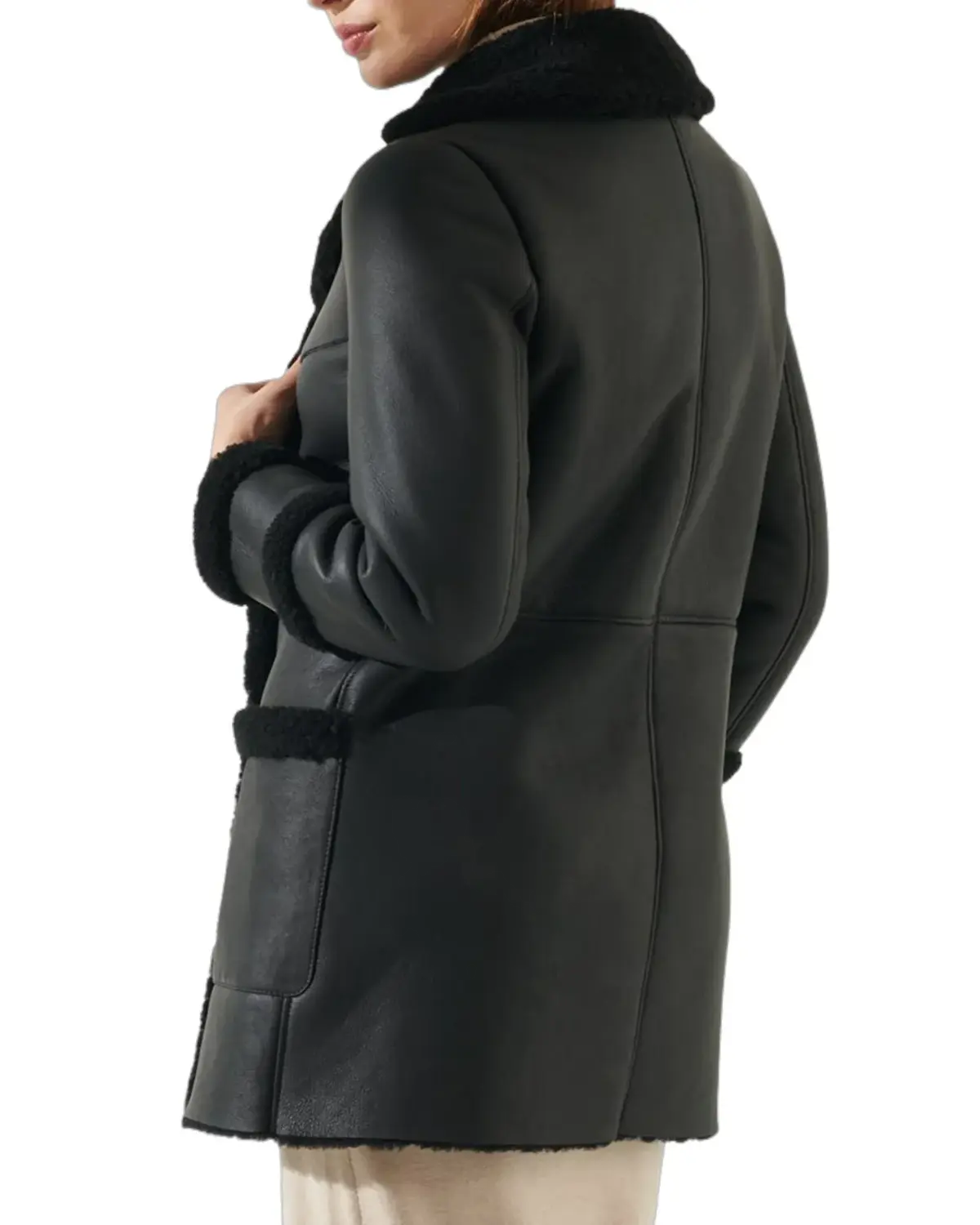 Womens Jet Black Shearling Leather Coat | Elite Jacket