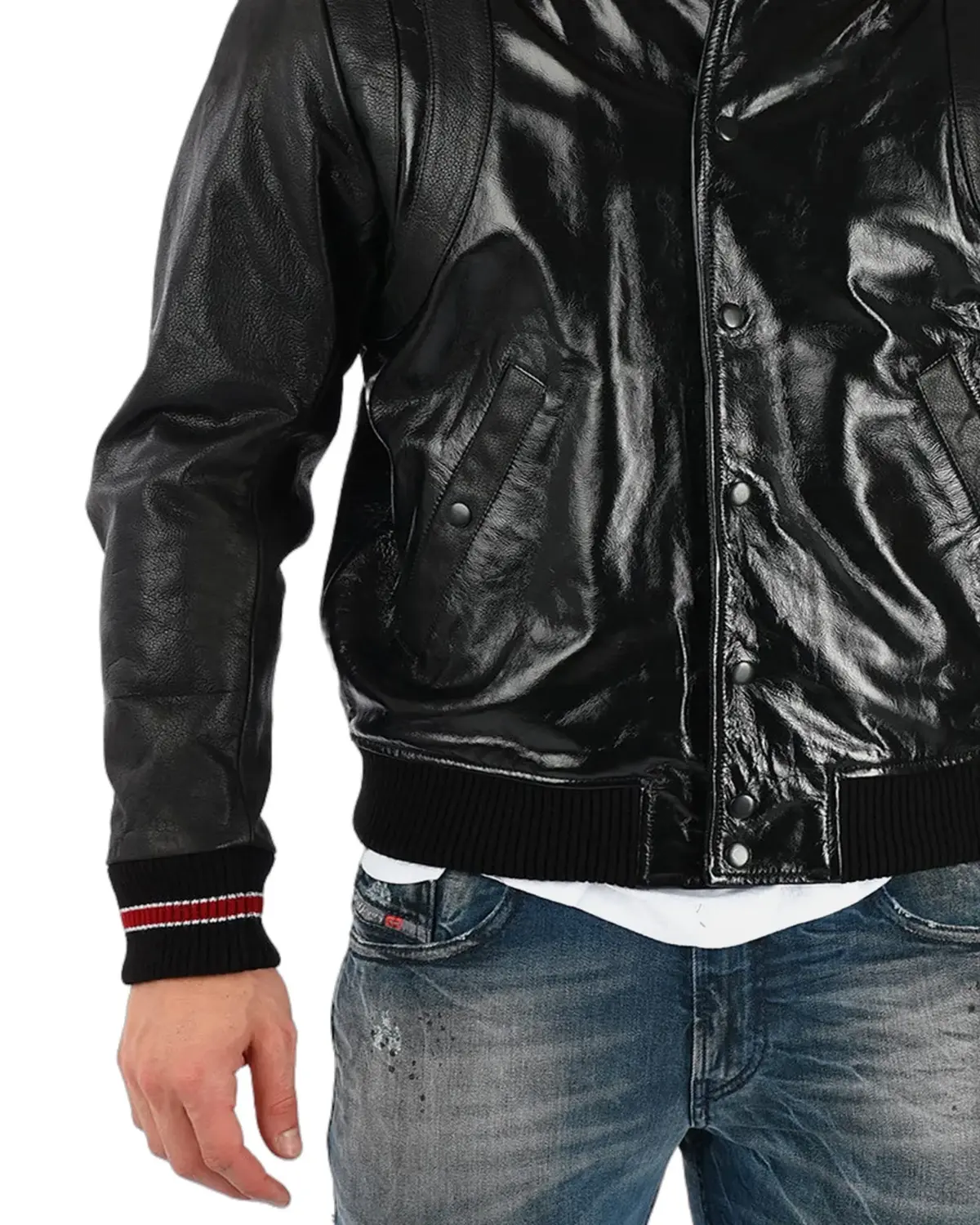 Mens Shiny Black Varsity Leather Jacket | Elite Jacket