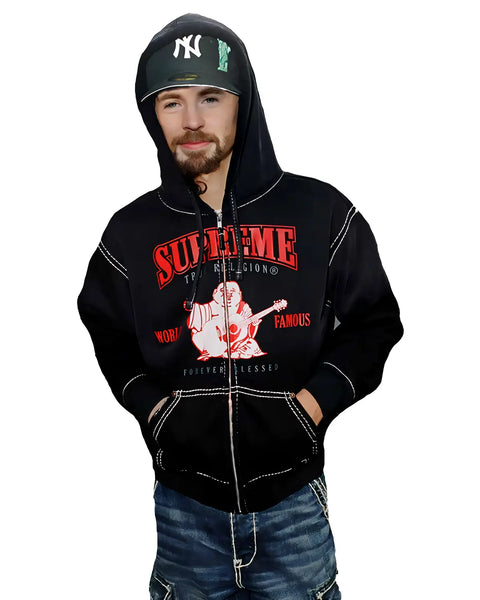 Mens Black Supreme True Religion Hoodie | Elite Jacket