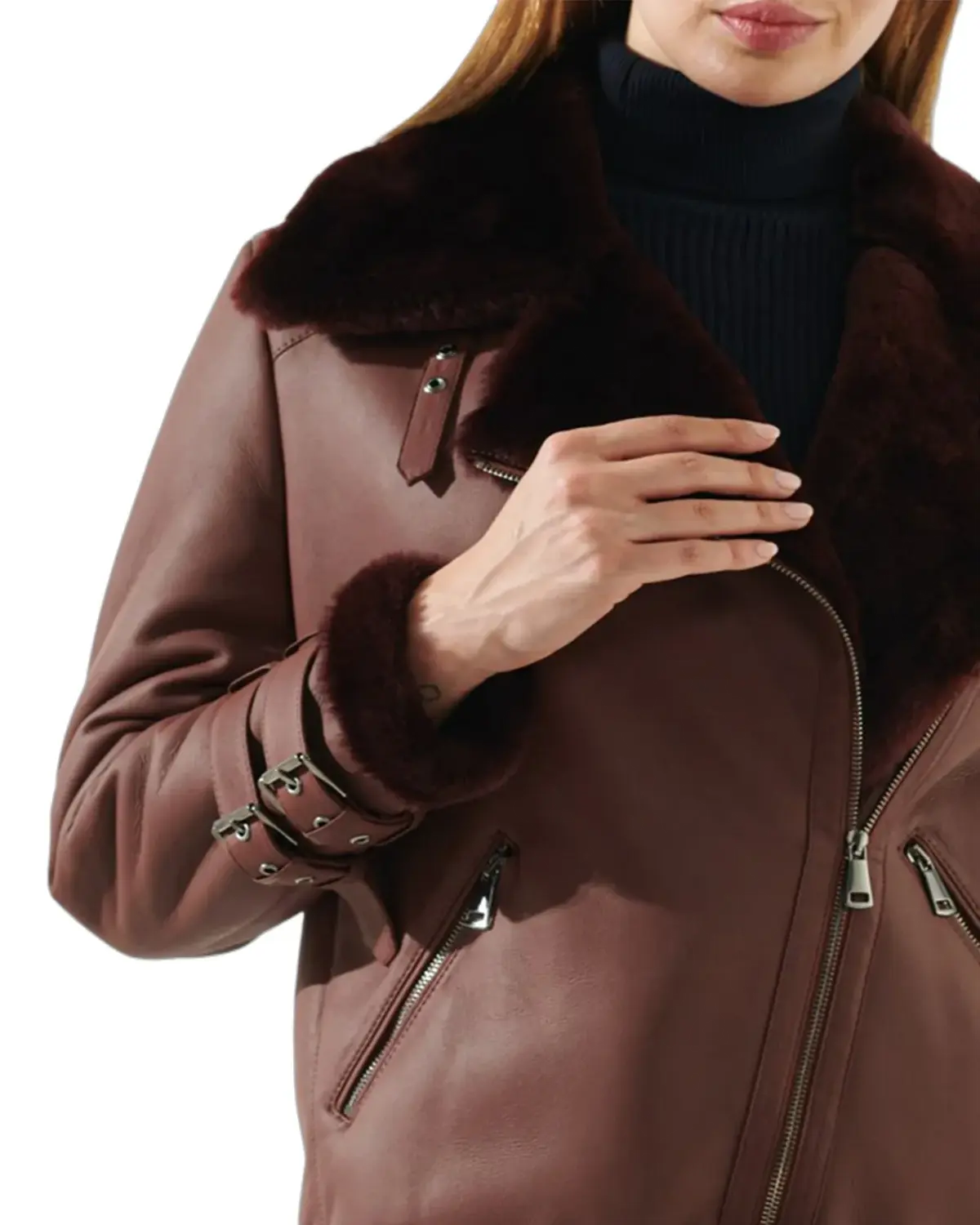 Womens Maroon Oversized Shearling Leather Jacket | Elite Jacket