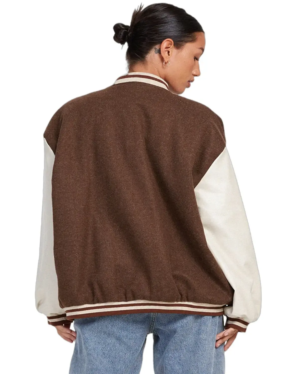 Womens Brown and White Oversized Varsity Jacket | Elite Jacket