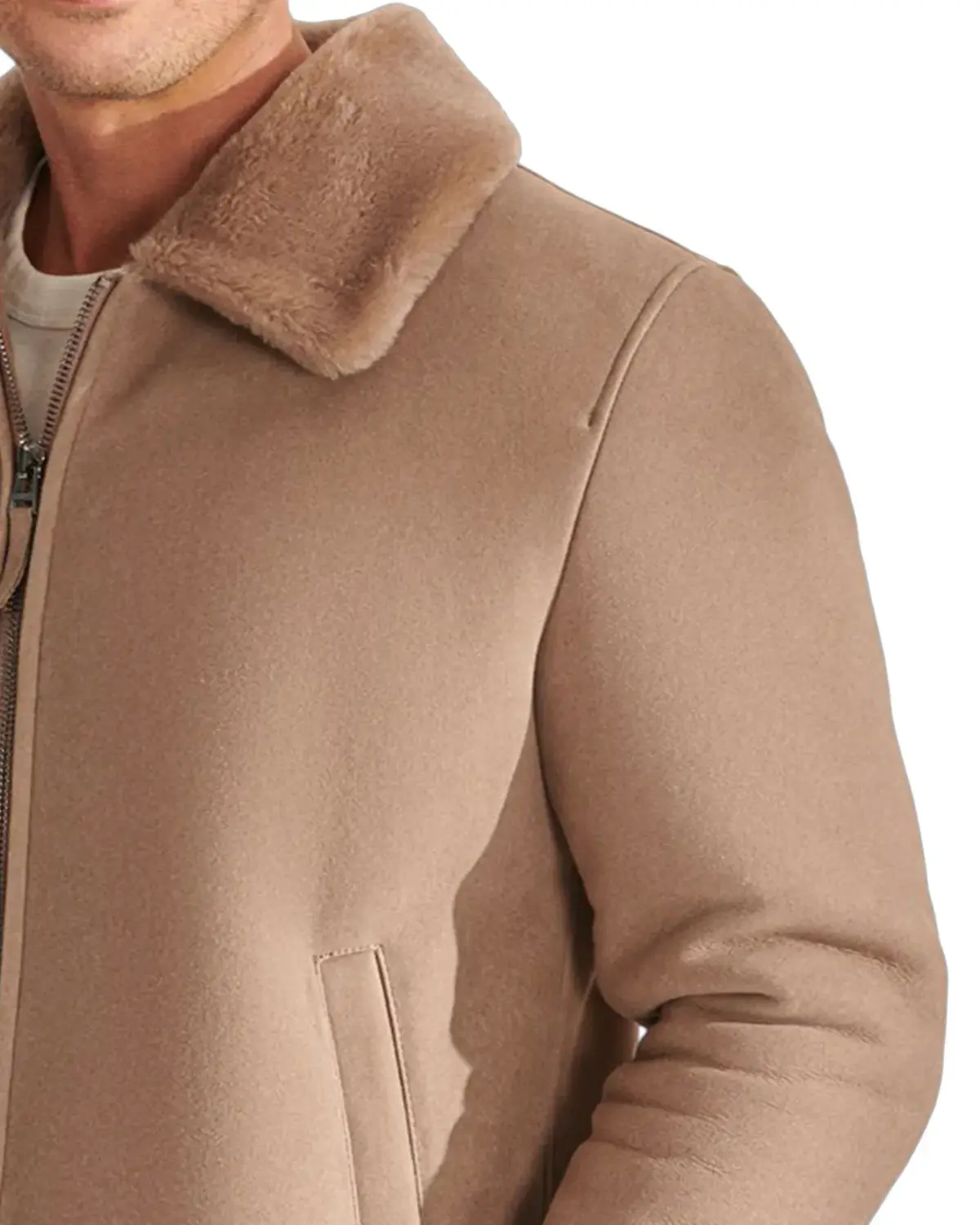 Mens Beige Sports Shearling Leather Jacket