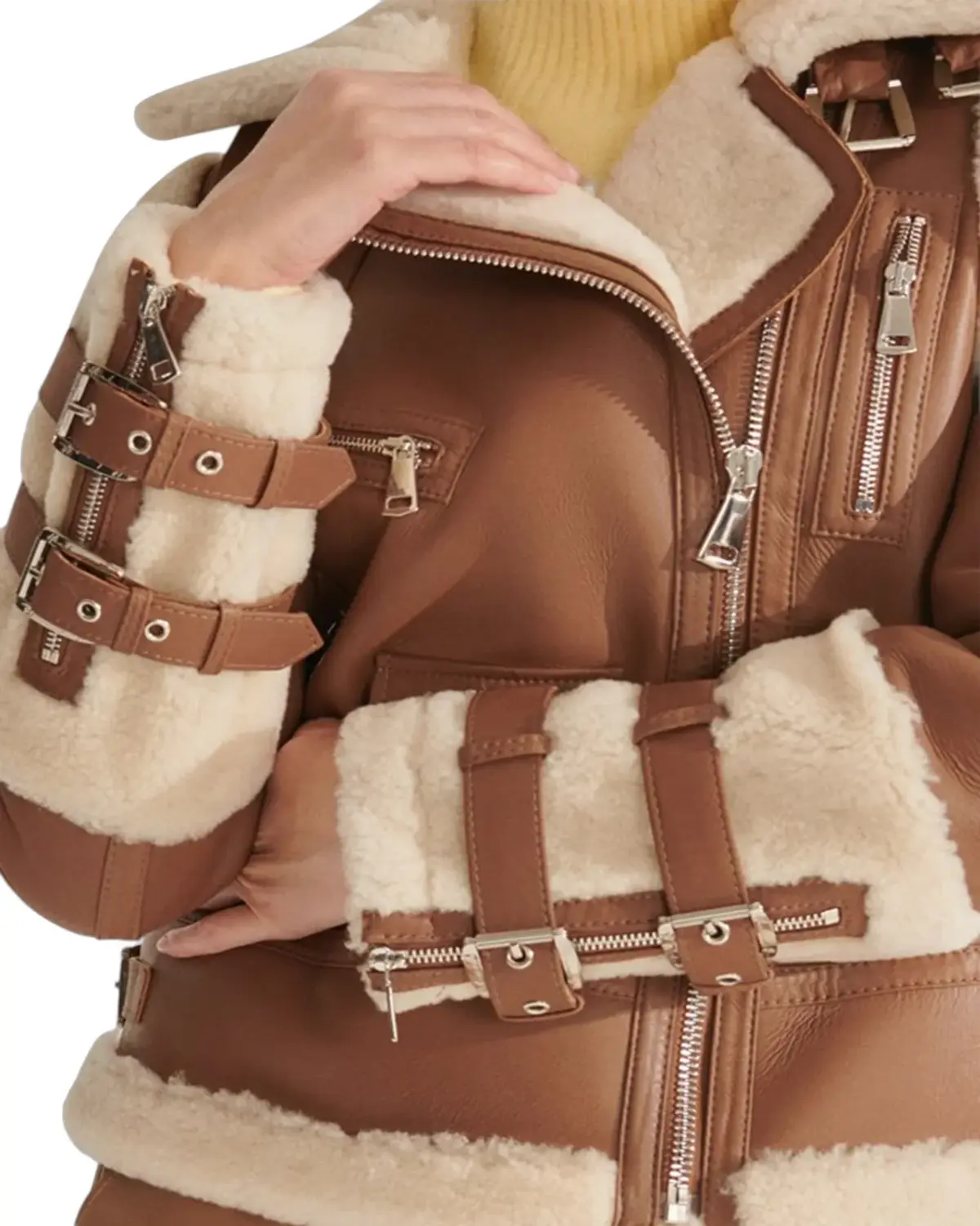 Womens Sports Brown Shearling Leather Jacket