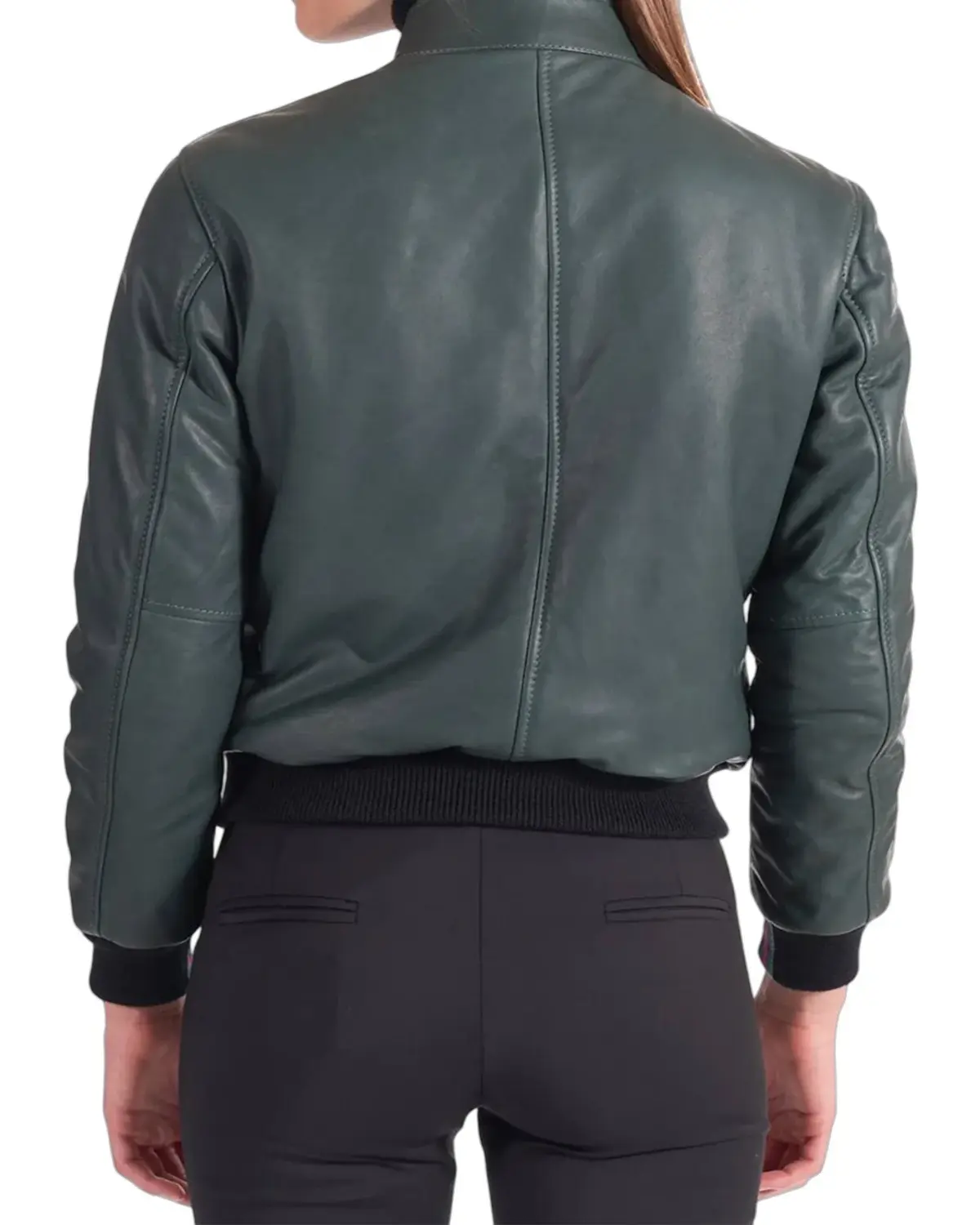 Womens Slimfit Green Leather Bomber Jacket