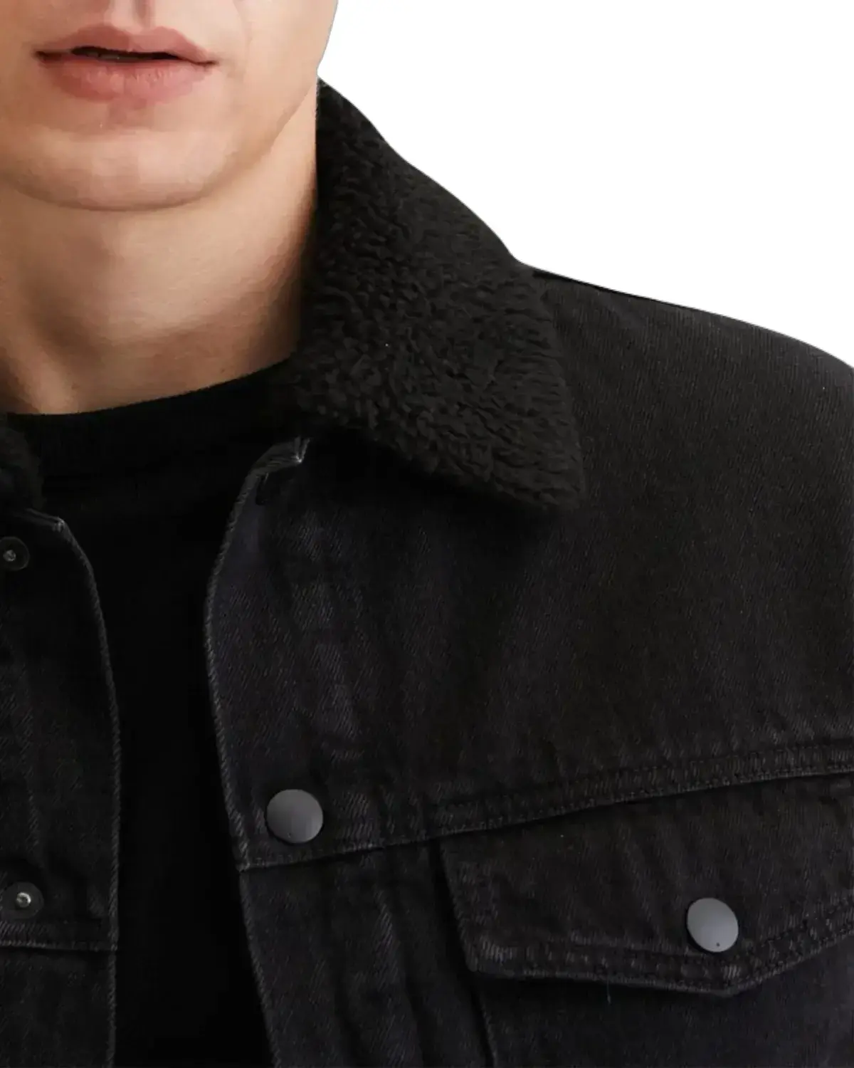 Mens Deep Black Denim Shearling Jacket | Elite Jacket