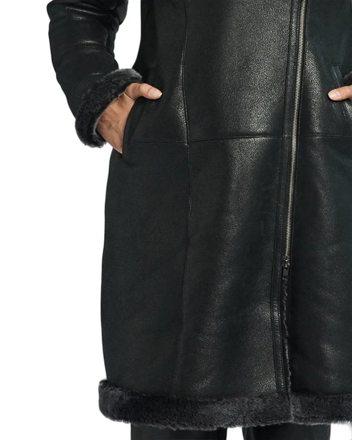 Womens Shiny Black Shearling Leather Coat