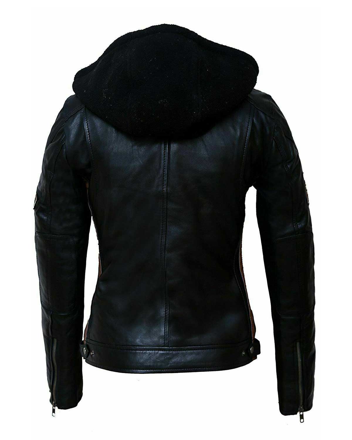 Womens Vintage Black Biker Hoodie Leather Jacket Elite Jacket