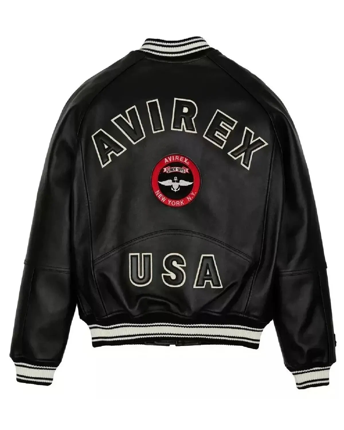 Black Avirex jacket with branding on a white background