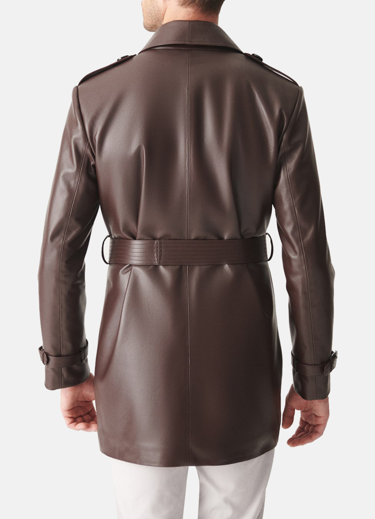 Mens Shiny Brown Mid-Length Leather Coat