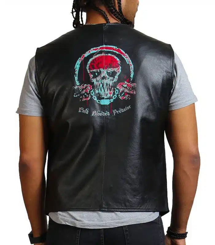 Elite Blood Skull Printed Men Black Leather Vest