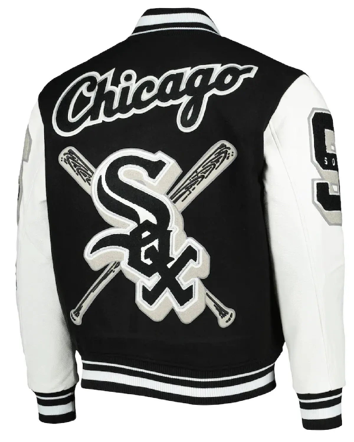Black and white varsity jacket with 'Chicago' and sports-themed design on a white background