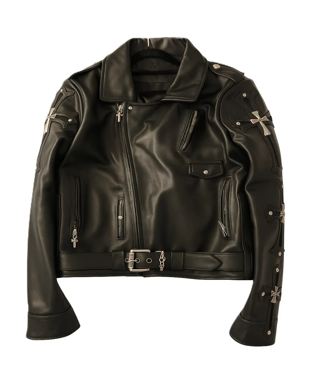 Black leather jacket with studded details on a white background