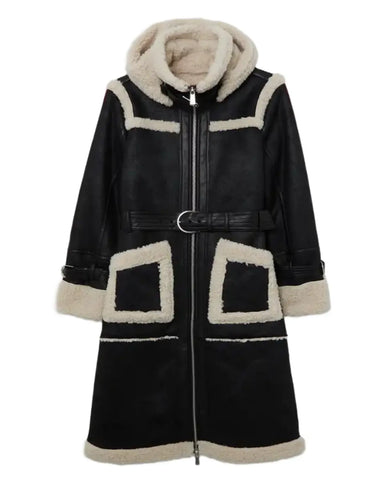 KarenMillen Faux Shearling Contrast Trim Hooded Midi Coat Front side