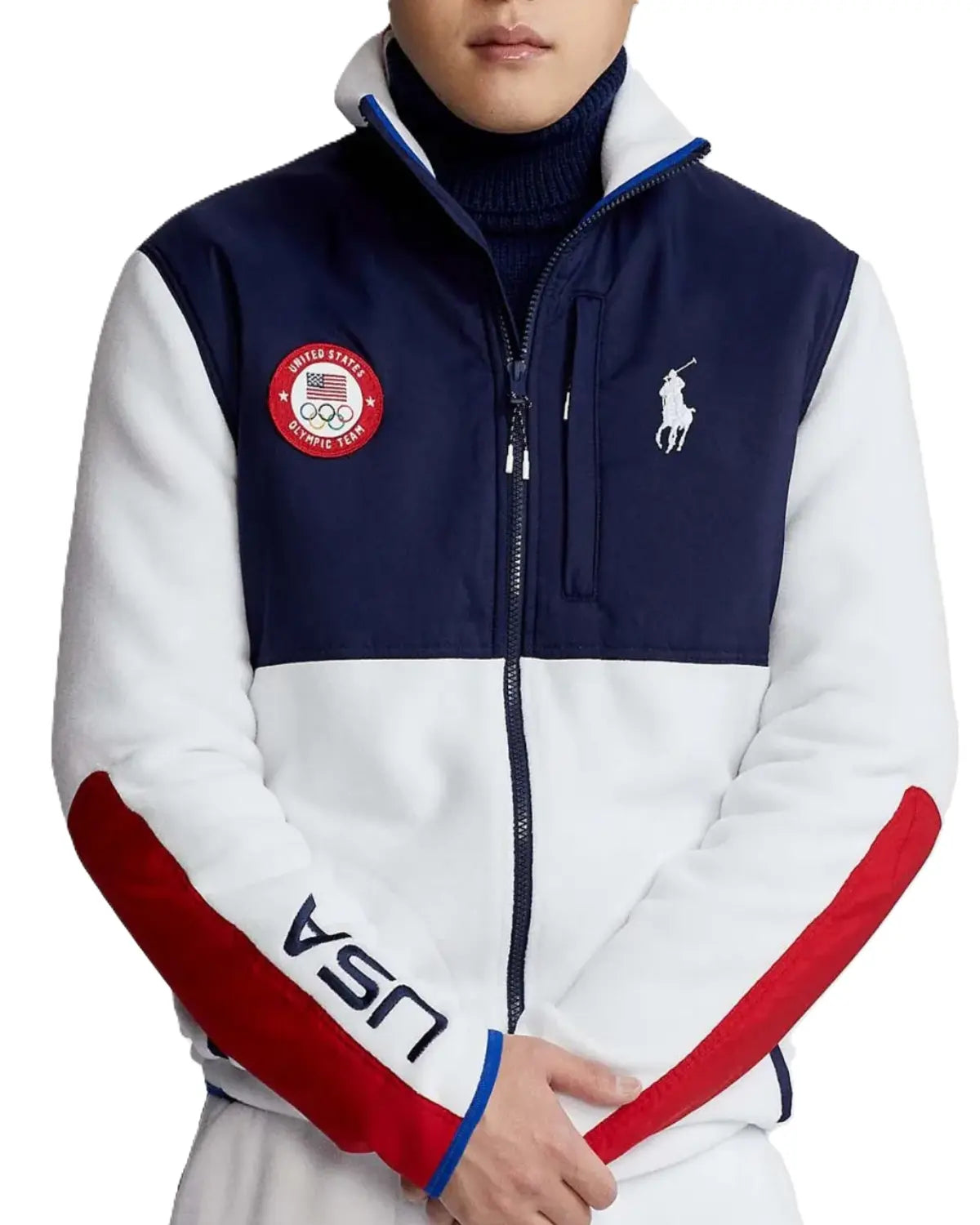 Elite 2022 Olympics Ceremony Team USA Navy Blue and White Jacket Front