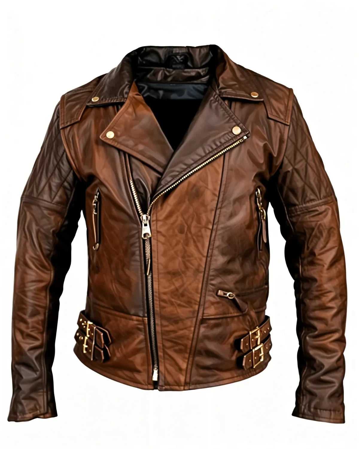 Elite Brendo Men’s Biker Motorcycle Vintage Distressed Brown Leather Jacket Front