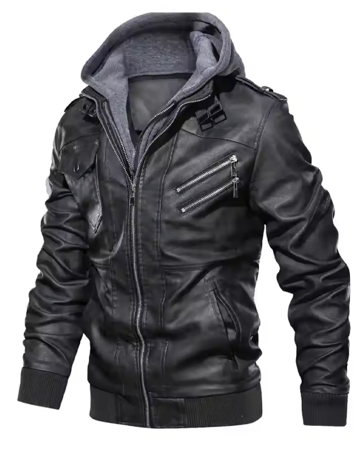 Elite Men's Black Real Leather Jacket With Removable Hood Side