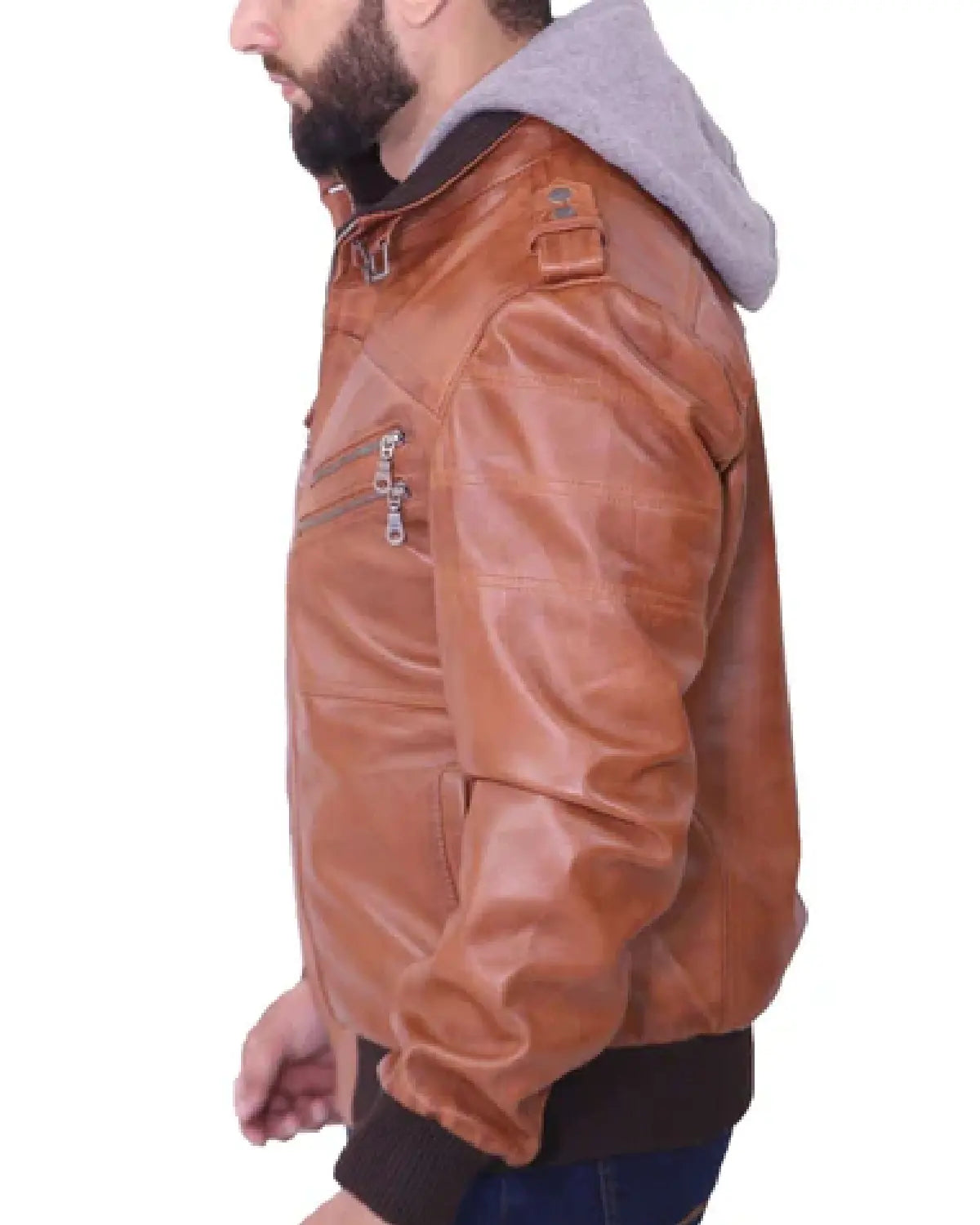 Elite Men's Grey Removable Hood Brown Leather Jacket Side Left
