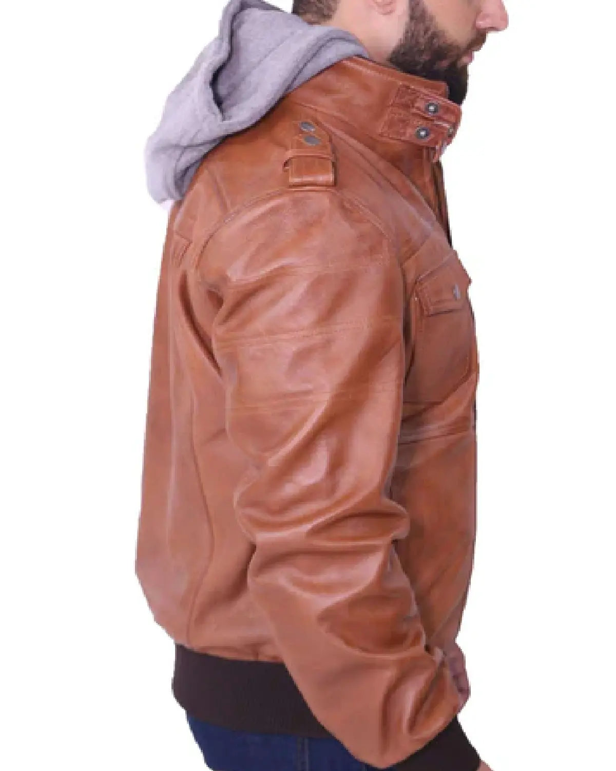 Elite Men's Grey Removable Hood Brown Leather Jacket Side Right