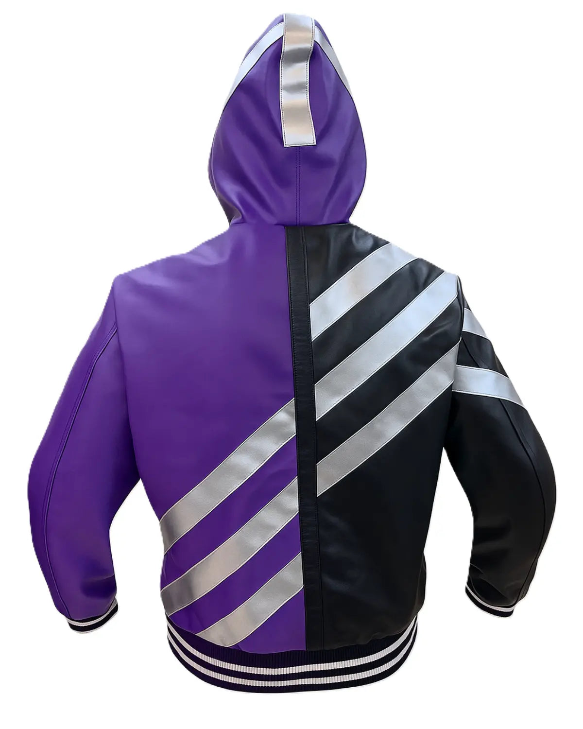 Purple and black jacket with reflective stripes on a white background