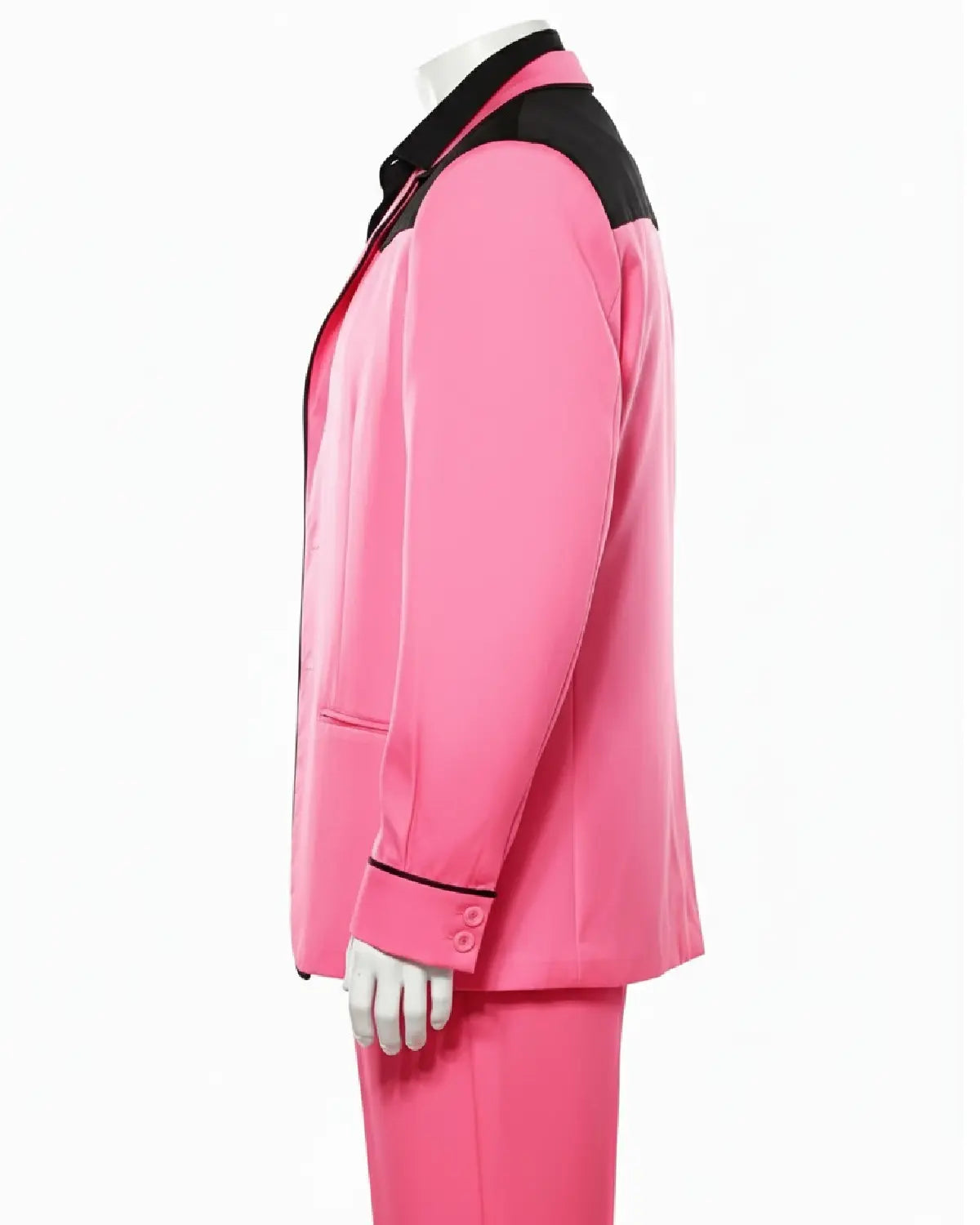 Pink suit with black trim on a white background