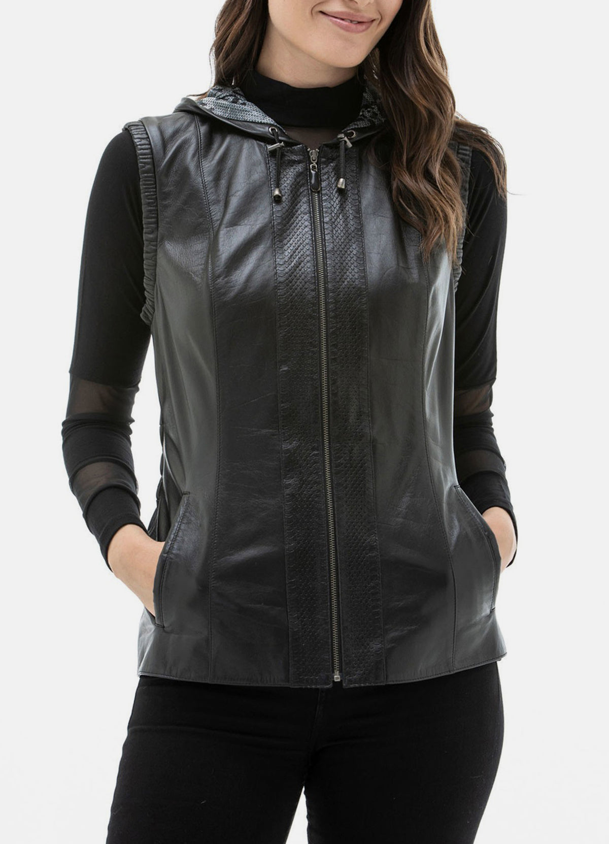 Womens Black Fashionable Hooded Leather Vest