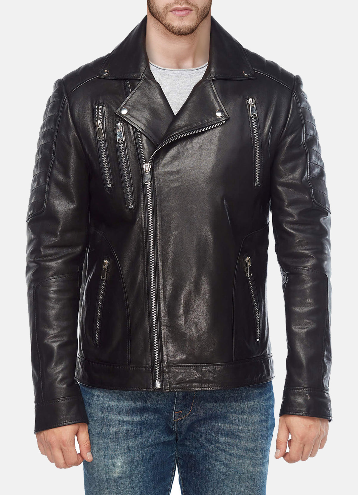 Mens Classic Black Biker Leather Jacket
