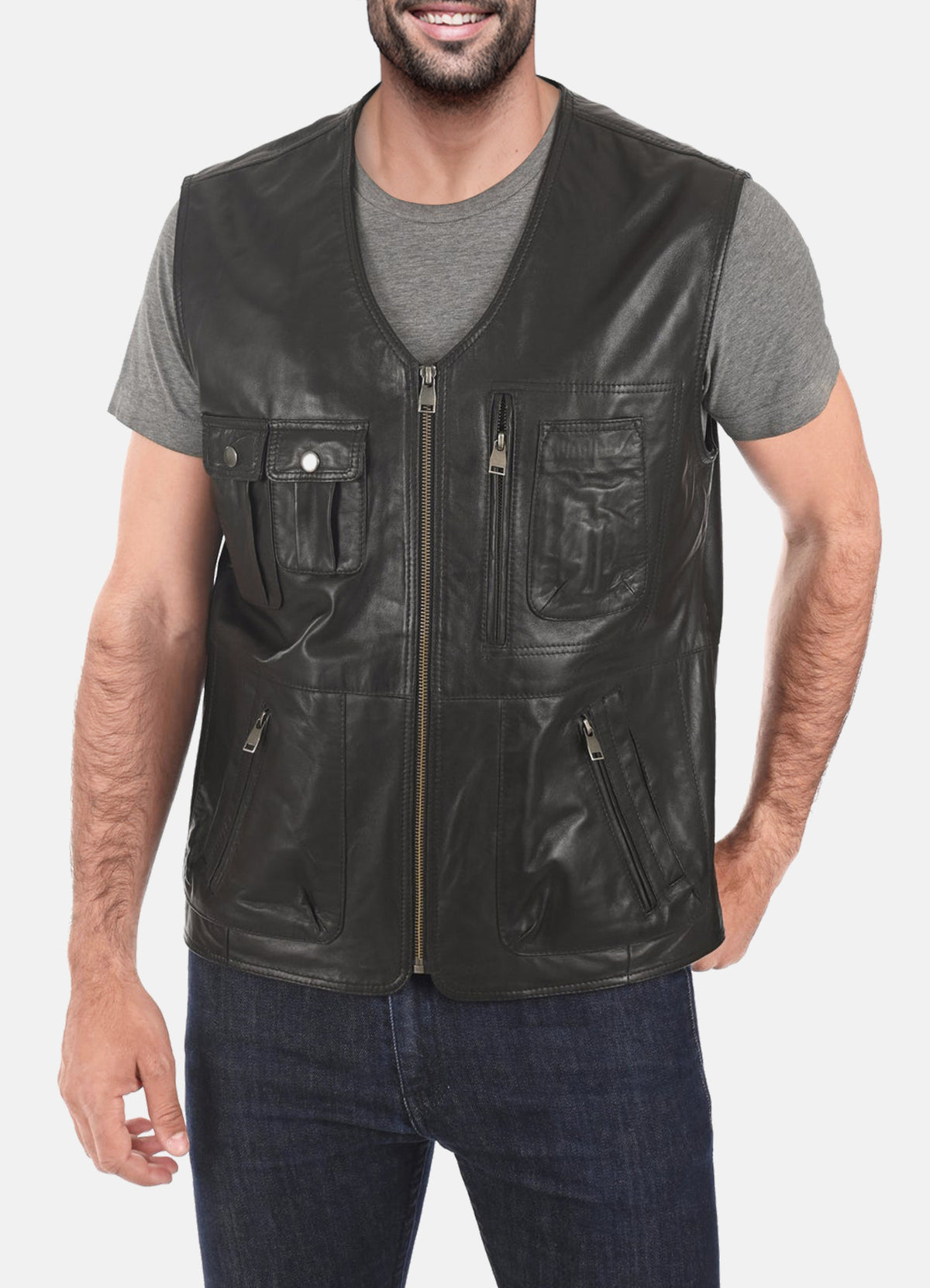 Mens Military Style Black Leather Vest