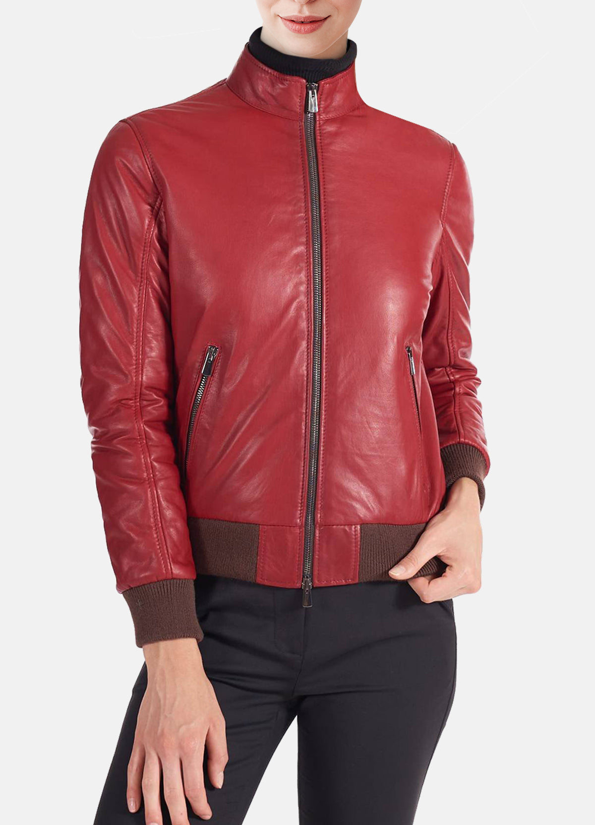 Womens Soft Red Bomber Leather Jacket