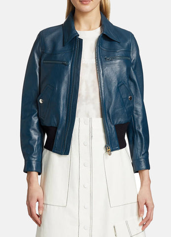 Womens Yale Blue Leather Bomber Jacket