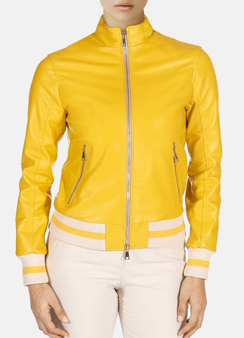 Womens Bright Yellow Bomber Leather Jacket