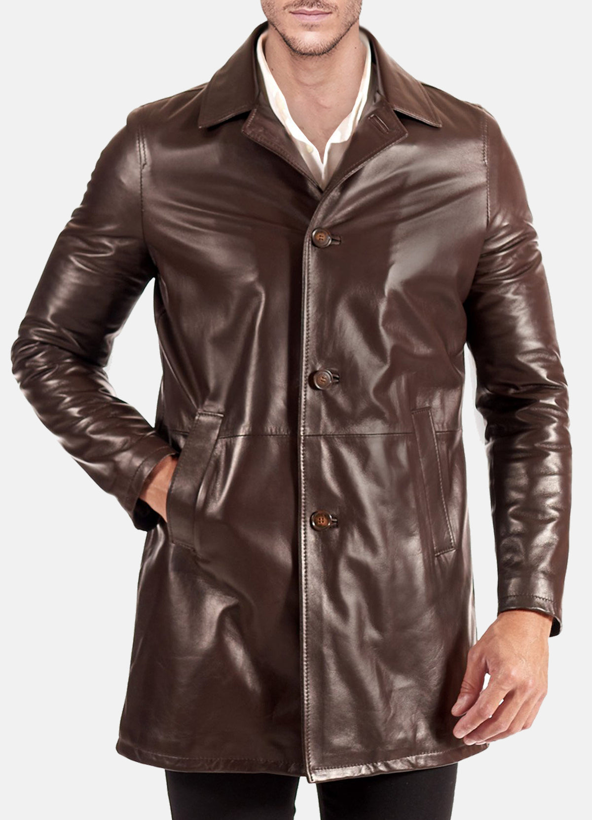 Mens Classic Brown Mid-Length Leather Coat