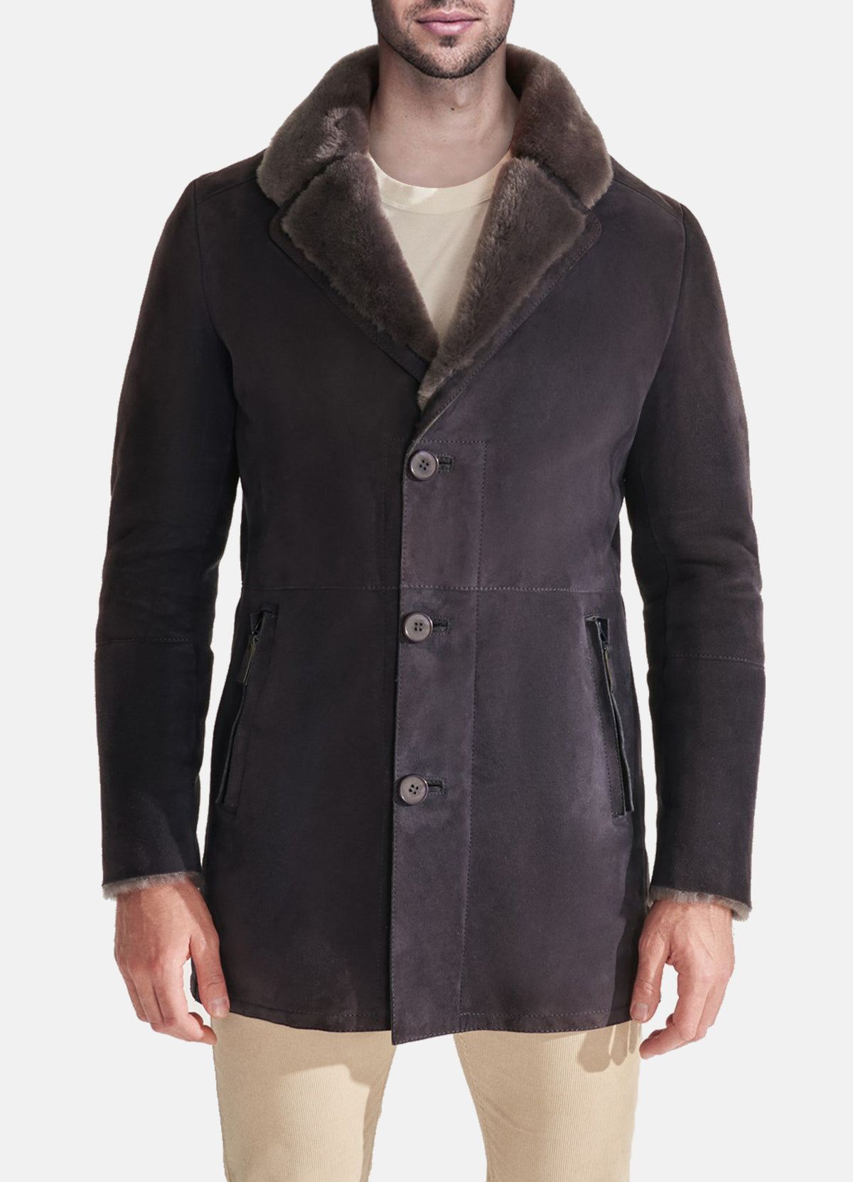 Mens Navy Blue Shearling Leather Coat