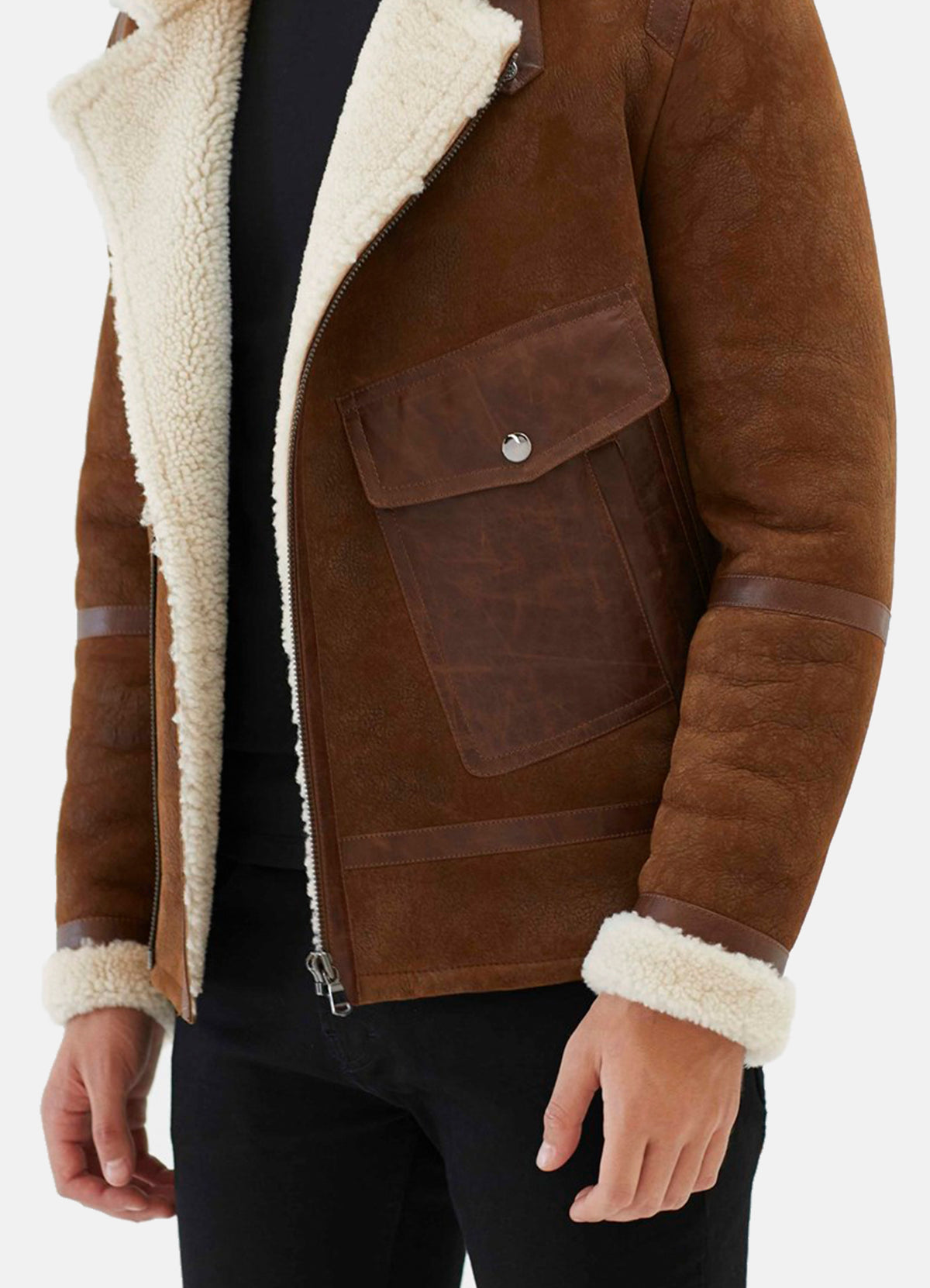 Mens Aviator Brown and White Shearling Leather Jacket