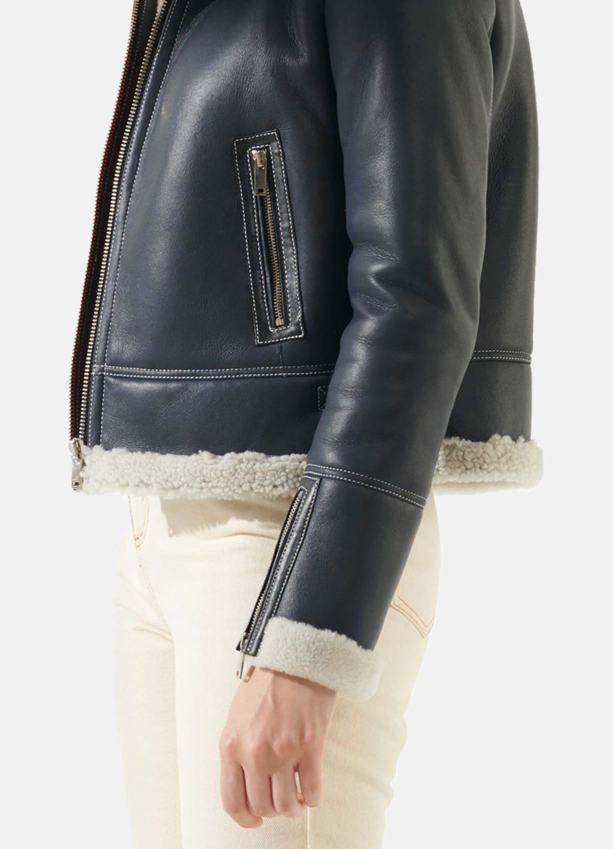 Womens Navy Blue Shearling Leather Jacket