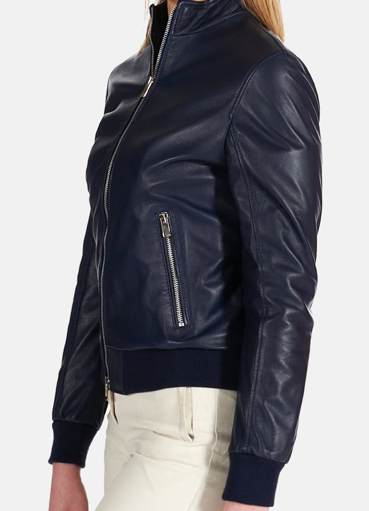 Womens Navy Blue Bomber Leather Jacket | Elite Jacket