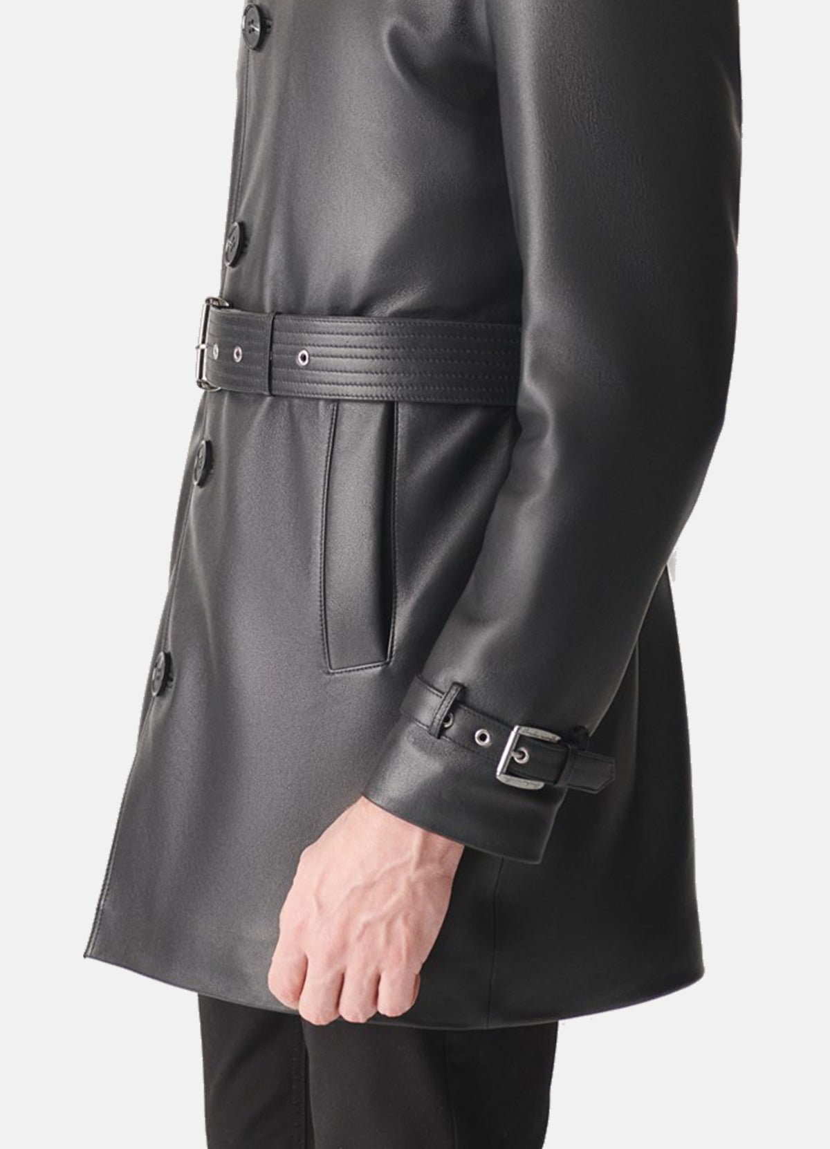 Mens Black Mid-Length Leather Coat