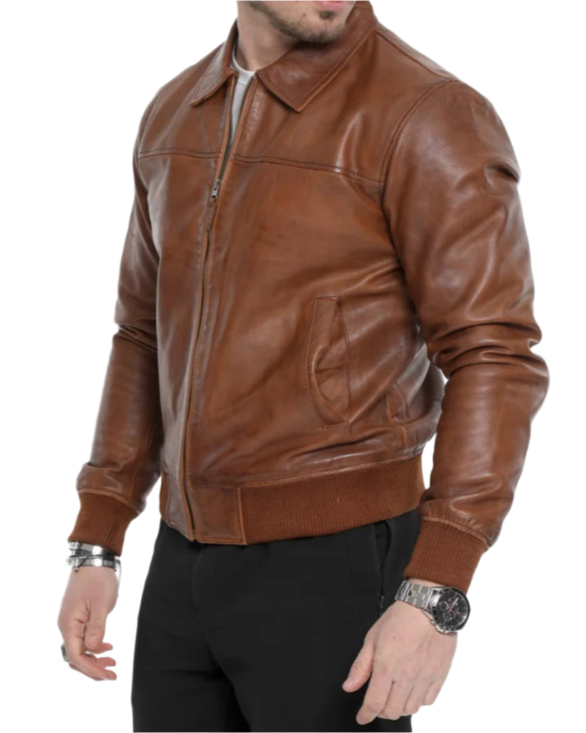Mens Vintage Style Bomber Leather Jacket side