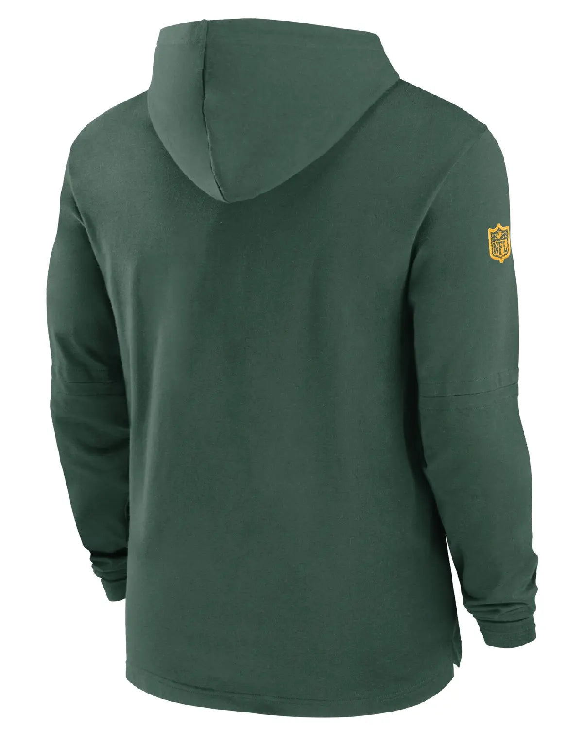 Green hoodie with a yellow logo on the back against a white background