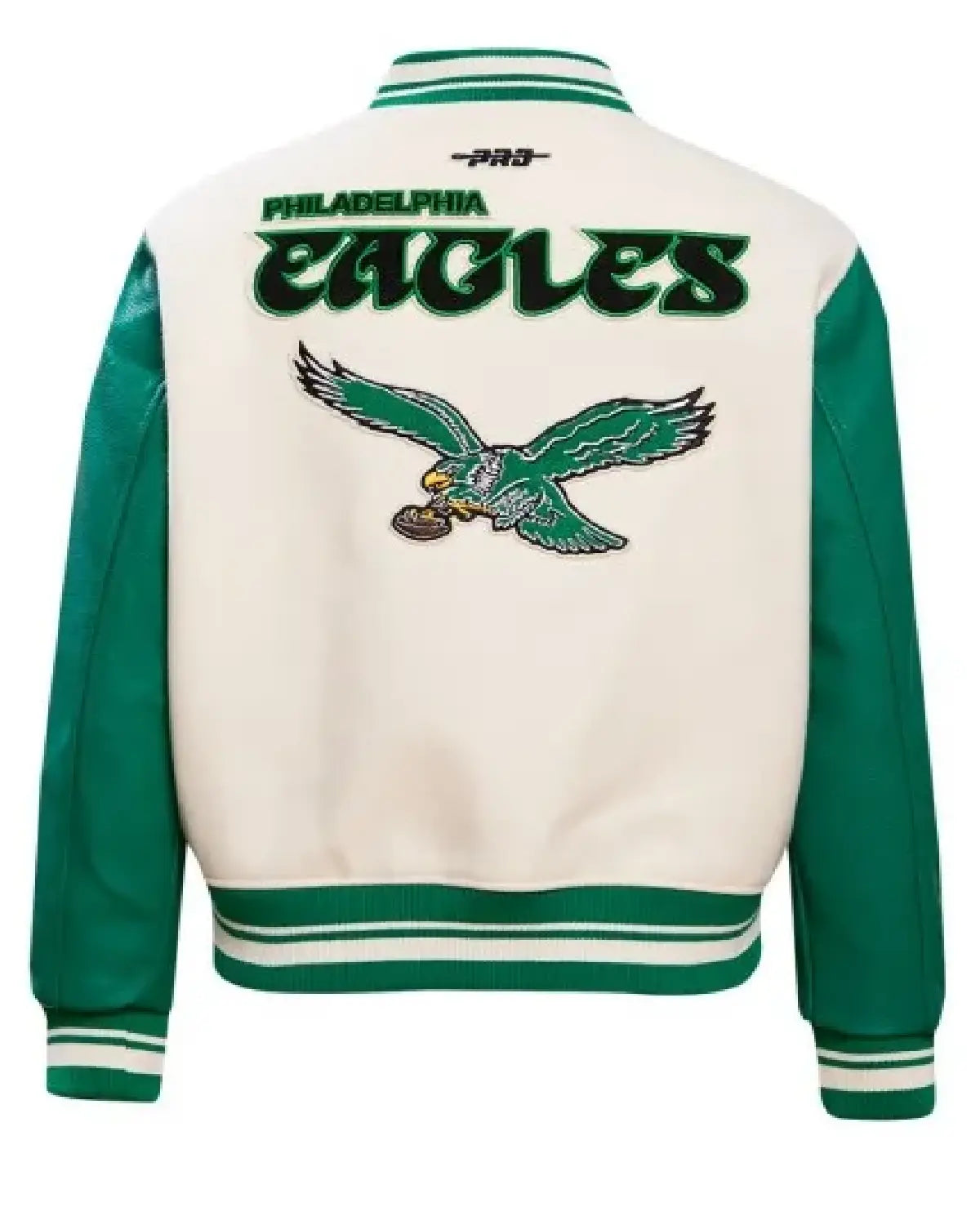 Green and white jacket with Philadelphia Eagles logo on a white background