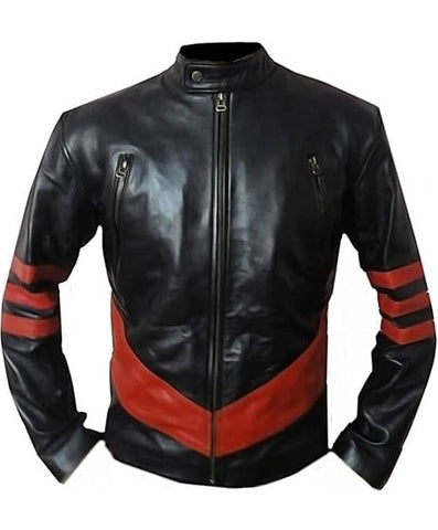 Wolverine X-Men Black With Red Strips Leather Biker Jacket