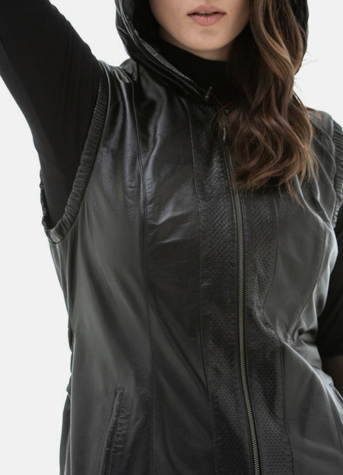 Womens Black Fashionable Hooded Leather Vest